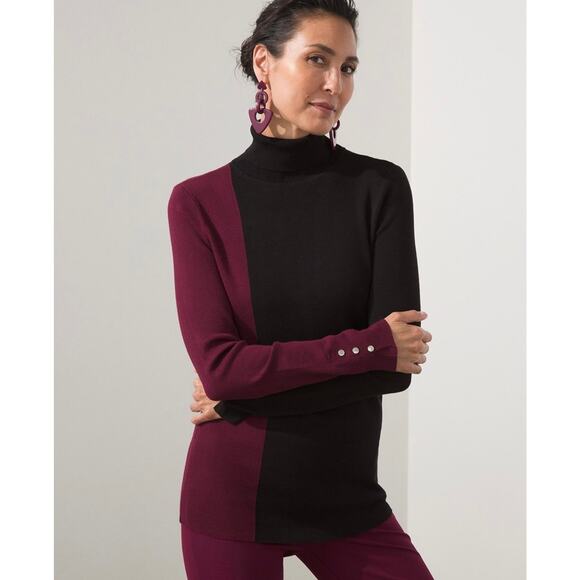 Chico's Ecovero Purple Black Colorblock Turtleneck Classic Long Sleeve Sweater - Picture 2 of 8